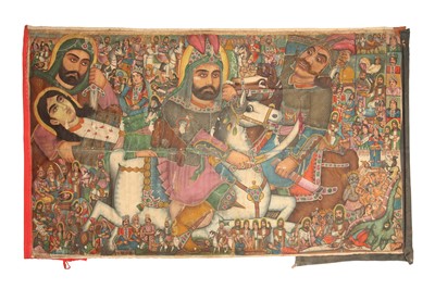 Lot 631 - A MONUMENTAL IRANIAN COFFEE HOUSE PAINTING OF THE BATTLE OF KARBALA