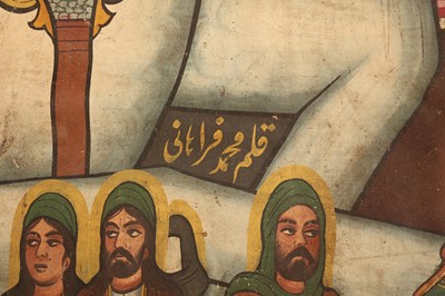 Lot 631 - A MONUMENTAL IRANIAN COFFEE HOUSE PAINTING OF THE BATTLE OF KARBALA