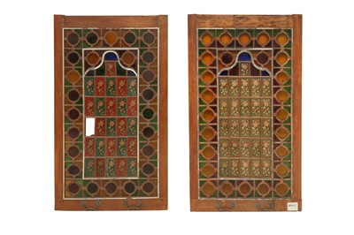Lot 616 - A PAIR OF IRANIAN STAINED GLASS WINDOW SHUTTERS IN WOODEN FRAMES