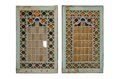 Lot 616 - A PAIR OF IRANIAN STAINED GLASS WINDOW SHUTTERS IN WOODEN FRAMES