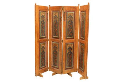 Lot 610 - AN IRANIAN LACQUERED, PAINTED, AND FOLDABLE FOUR-PANEL WOODEN SCREEN