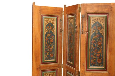 Lot 610 - AN IRANIAN LACQUERED, PAINTED, AND FOLDABLE FOUR-PANEL WOODEN SCREEN