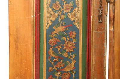 Lot 610 - AN IRANIAN LACQUERED, PAINTED, AND FOLDABLE FOUR-PANEL WOODEN SCREEN