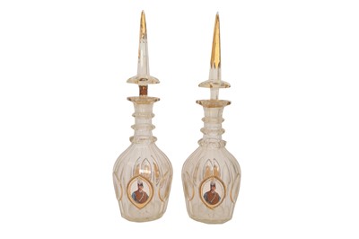 Lot 604 - A PAIR OF GILT AND POLYCHROME-PAINTED BOHEMIA CLEAR CRYSTAL GLASS SPIRIT DECANTERS