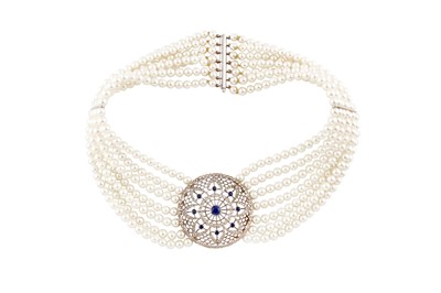 Lot 153 - A multi-strand cultured pearl, sapphire and diamond choker