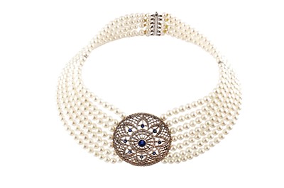 Lot 58 - A multi-strand pearl, sapphire and diamond choker necklace