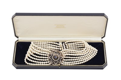 Lot 68 - A multi-strand pearl, sapphire and diamond choker necklace