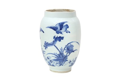 Lot 446 - A CHINESE BLUE AND WHITE 'GEESE AND LOTUS' JAR.