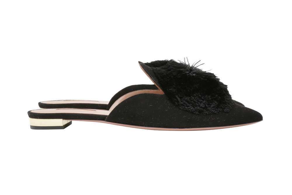 Lot 361 - Aquazzura Black Powder Puff Flat Mule - Size 38.5