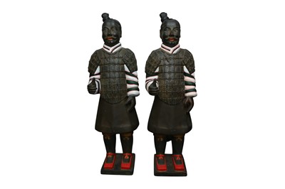 Lot 474 - A PAIR OF PAINTED PLASTER CHINESE TERRACOTTA WARRIOR FIGURES