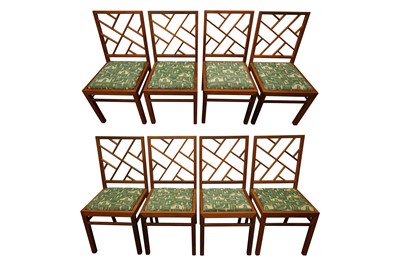 Lot 322 - A SET OF EIGHT GEORGE III STYLE TEAK LATTICE BACK DINING CHAIRS