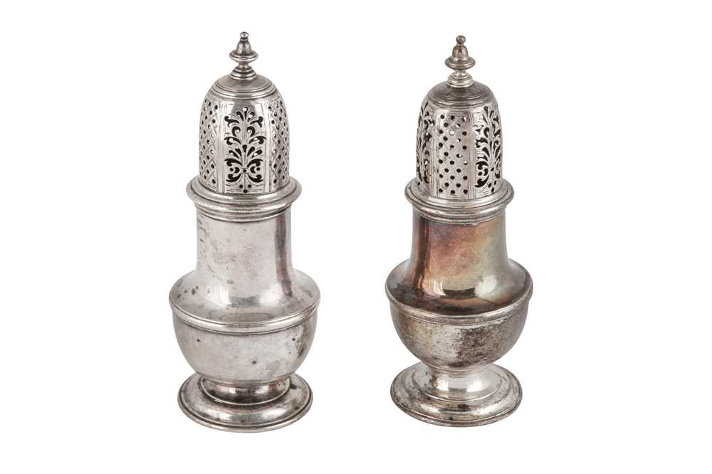Lot 14 - A MATCHED PAIR OF GEORGE II STERLING SILVER PEPPER CASTERS, LONDON 1745/47 BY SAMUEL WOOD