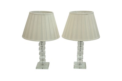 Lot 200 - A PAIR OF GLASS STACK TABLE LAMPS