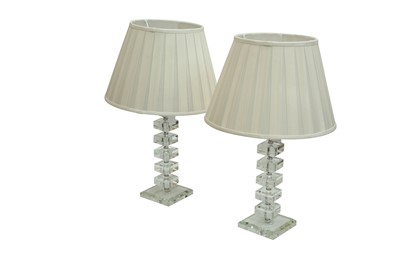 Lot 200 - A PAIR OF GLASS STACK TABLE LAMPS