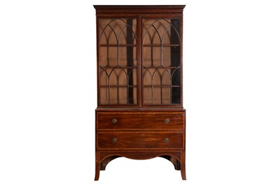 Lot 324 - A GEORGE III MAHOGANY STRUNG AND SATINWOOD CROSSBANDED SECRETAIRE BOOKCASE