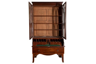 Lot 148 - A GEORGE III MAHOGANY STRUNG AND SATINWOOD CROSSBANDED SECRETAIRE BOOKCASE
