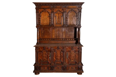 Lot 171 - A 17TH CENTURY AND LATER INLAID OAK COURT CUPBOARD