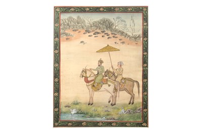 Lot 201 - A MUGHAL-STYLE INDIAN PAINTING OF A ROYAL RIDER