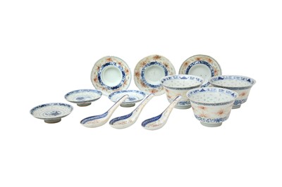 Lot 436 - A SET OF THREE CHINESE PORCELAIN CUPS, STANDS, COVERS AND SPOONS.