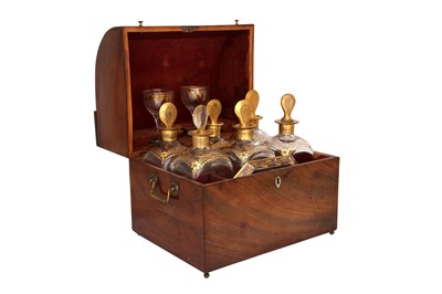 Lot 512 - A PORTABLE DRINKING SET WITH GILT GLASS DECANTERS AND SPIRIT GLASSES
