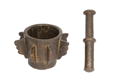 Lot 805 - AN ANDALUSIAN BRONZE MORTAR AND PESTLE