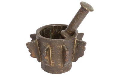 Lot 805 - AN ANDALUSIAN BRONZE MORTAR AND PESTLE