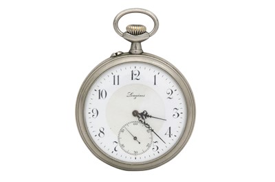 Lot 81 - A LONGINES STAINLESS STEEL OPEN-FACE POCKET WATCH