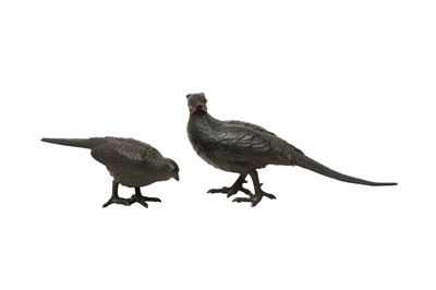 Lot 607 - A PAIR OF JAPANESE BRONZE OKIMONO OF PHEASANTS