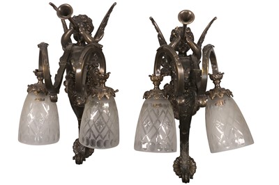 Lot 189 - A PAIR OF HEAVY BRONZE PATINATED FIGURAL TWIN BRANCH WALL LIGHTS