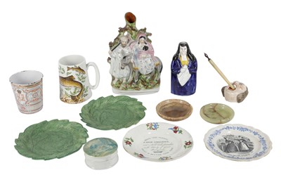 Lot 419 - A COLLECTION OF LATE 19TH/EARLY 20TH CENTURY CERAMICS, INCLUDING A STAFFORDSHIRE FLATBACK FIGURE