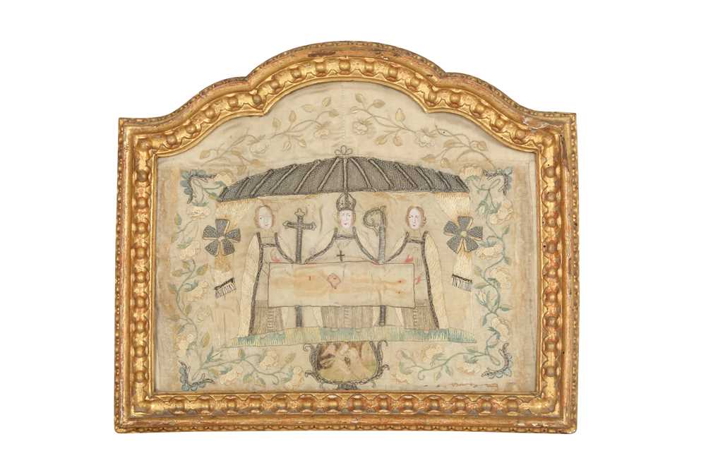 Lot 232 - AN 18TH CENTURY ECCLESIASTICAL EMBROIDERED SILK PANEL