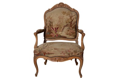 Lot 271 - A LOUIS XV STYLE CARVED BEECH TAPESTRY UPHOLSTERED FAUTEUIL