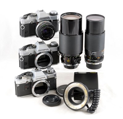 Lot 499 - 2 Olympus OM20 Cameras, Lenses & a T10 Ringflash.