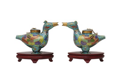 Lot 129 - A PAIR OF CHINESE CLOISONNE 'DUCK' INCENSE BURNERS AND COVERS.