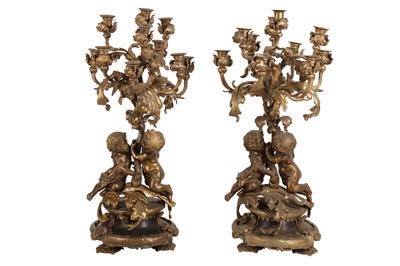 Lot 306 - A PAIR OF LATE 19TH TO EARLY 20TH CENTURY LARGE FRENCH BRONZE CANDELABRA