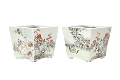 Lot 432 - A PAIR OF CHINESE FAMILLE ROSE SQUARE-SECTION JARDINIERES.