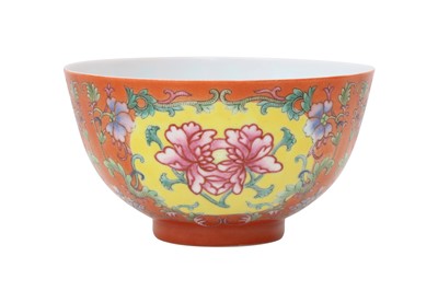 Lot 272 - A CHINESE FAMILLE ROSE CORAL-GROUND 'PEONY' BOWL.