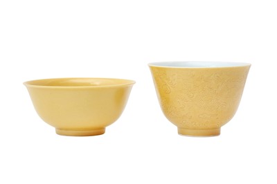 Lot 30 - A CHINESE YELLOW-GLAZED CUP AND AN INCISED 'DRAGON' CUP.