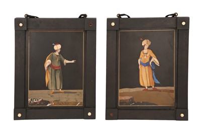 Lot 700 - TWO FLORENTINE PIETRA DURA PANELS WITH A TURKISH GENTLEMAN AND MAIDEN