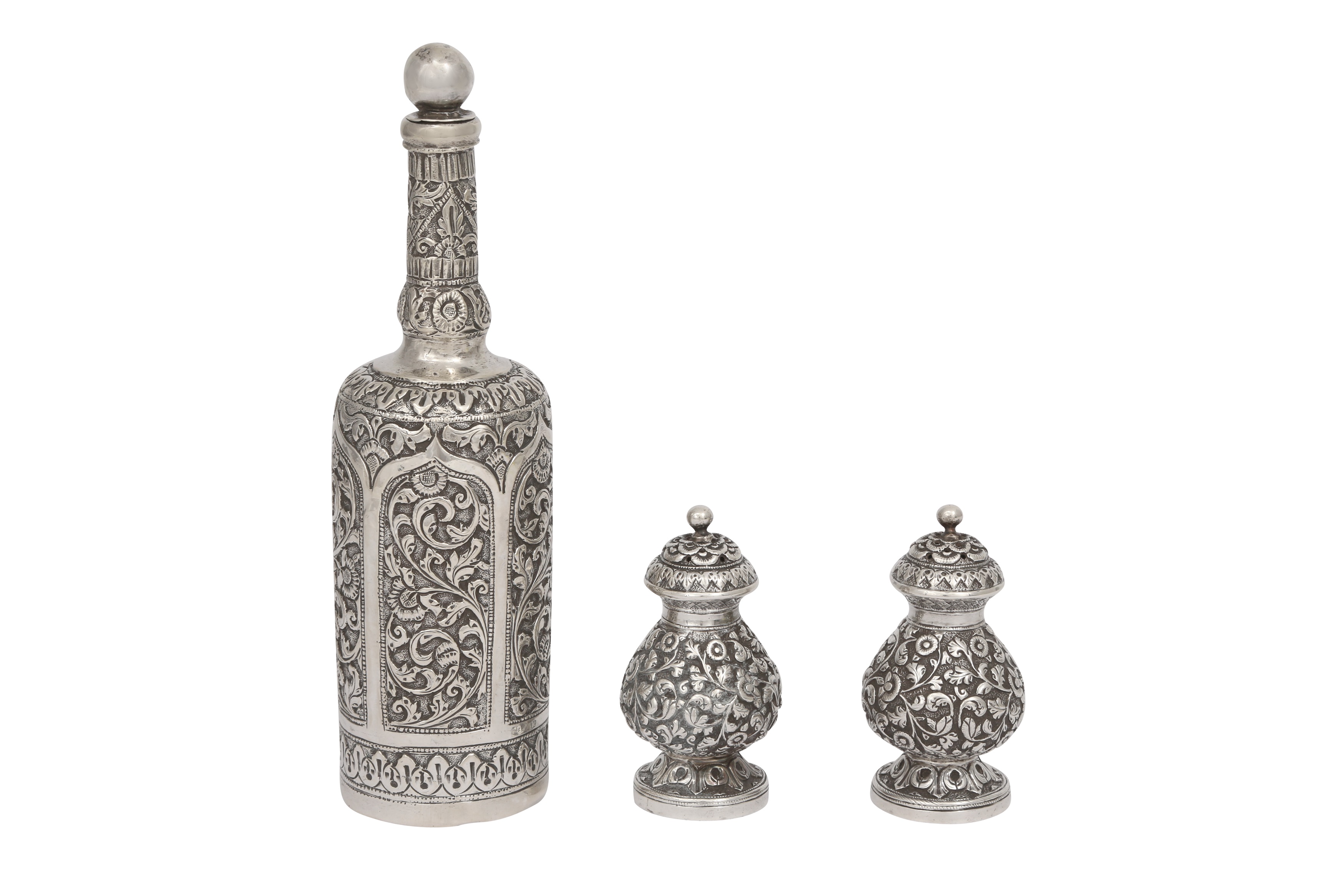 Lot 223 AN INDIAN SILVER TWOPIECE CRUET SET AND A