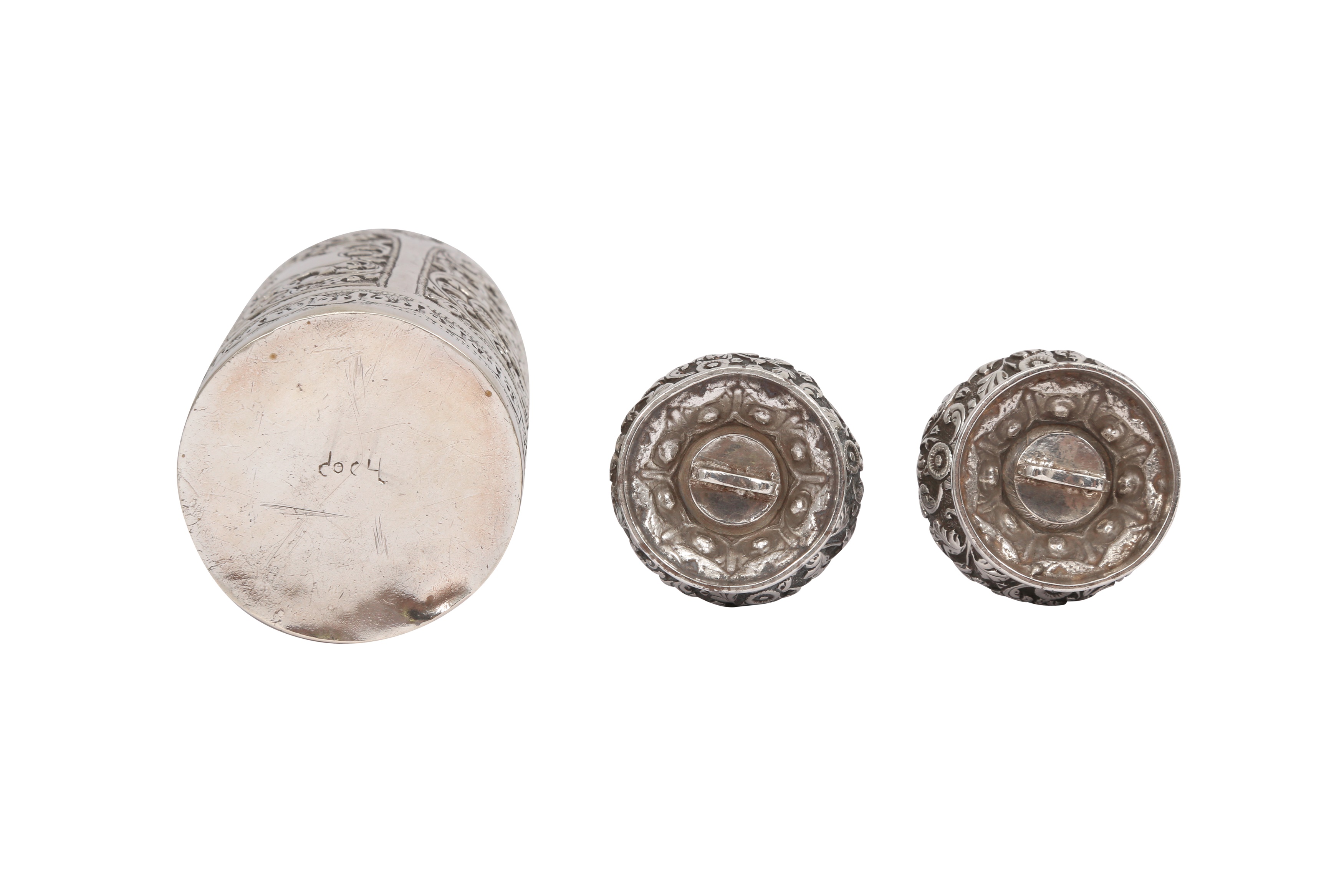 Lot 223 AN INDIAN SILVER TWOPIECE CRUET SET AND A