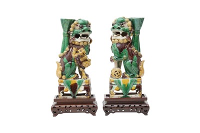 Lot 177 - A PAIR OF CHINESE SANCAI-GLAZED LION DOGS.