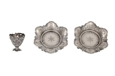 Lot 599 - TWO SMALL IRANIAN SILVER SAUCERS AND AN OTTOMAN SILVER ZARF