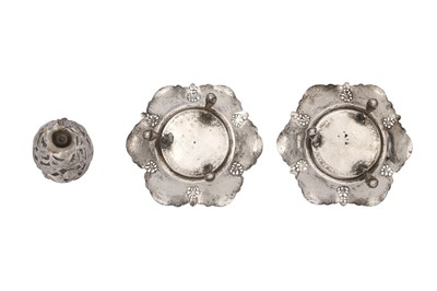 Lot 599 - TWO SMALL IRANIAN SILVER SAUCERS AND AN OTTOMAN SILVER ZARF