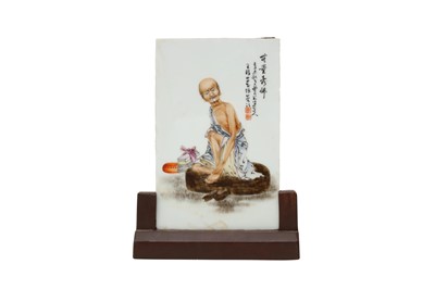 Lot 143 - A CHINESE FAMILLE ROSE RECTANGULAR 'ARHAT' PLAQUE.