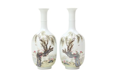 Lot 185 - A PAIR OF CHINESE FAMILLE ROSE EGGSHELL 'EGRETS' VASES.
