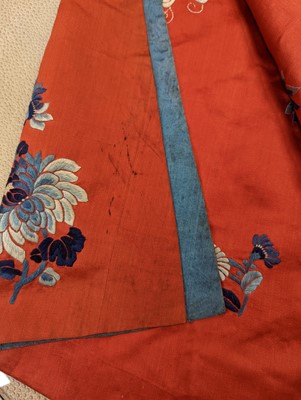 Lot 153 - A CHINESE RED-GROUND EMBROIDERED SILK LADY'S JACKET AND A SKIRT.