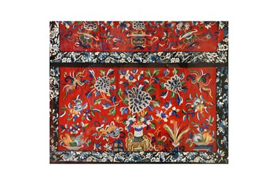 Lot 155 - A CHINESE RED-GROUND EMBROIDERED PANEL.
