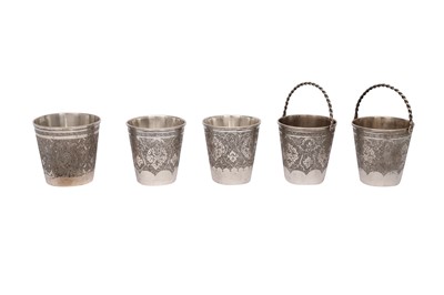 Lot 621 - FIVE IRANIAN ENGRAVED SILVER BEAKERS