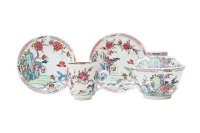 Lot 314 - A CHINESE FAMILLE ROSE CUP, BOWL AND COVER, AND TWO SAUCERS